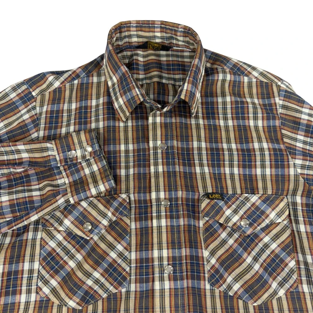Vintage Lee Mens Plaid Western Pearl Snap Shirt Brown Blue Made in USA Medium